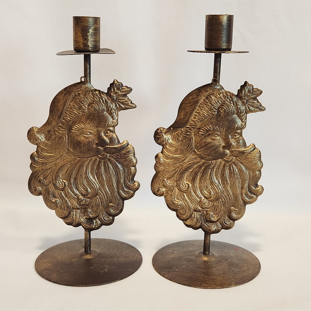 Metal Santa Claus Taper Candle Holders‎ Pair Bronze Tone 9 Inch